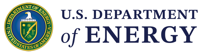 U.S. Department of Energy Logo with a seal depicting an eagle and shield of yellow and green on a blue background.