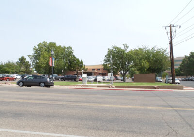 A parking lot filled with cars is seen across a street, with trees and a large building in the background under a clear sky.